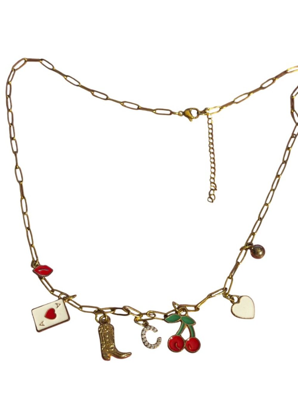Frodele Western Charm Necklace Gold Tone Paperclip Chain Boot Ace Cherries Adj - Picture 4 of 7